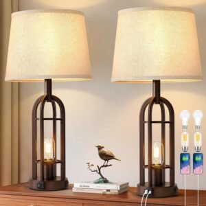 Table Lamps for Living Room End Table Set of 2 – Farmhouse Industrial Bedside Lamps for Bedroom Nightstand with Nightlight and USB A+C, 4 Bulbs Included