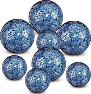 8 Pieces 4 Inch and 3 Inch Decorative Glass Orbs Decorative Ball for Bowls Mosaic Sphere Balls Centerpiece Balls Fillers for Vases Wedding Party Dining Room Table Decor (Blue)