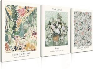 Induslyfe Framed Sage Green Vintage Wall Art Canvas Decor Set of 3, Matisse Wall Art Prints Posters Mid Century Modern Art, Aesthetic Floral Botanical wall art for bedroom, living room, bathroom 12×16