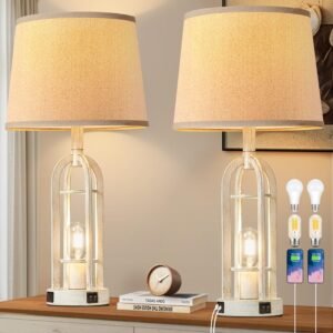 Table Lamps for Living Room Set of 2 – Farmhouse Lamps for Night Stands with USB A+C, Bedside Lamps for Bedroom, 24” Vintage Lamp for Living Room End Tables