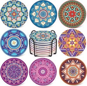 LIFVER Drinks Coasters Set of 8, Mandala Style Ceramic Coasters with Holder, 4 Inches Coasters for Drinks with Cork Base, Great Colorful Decor, Ideal Thanksgiving and Housewarming Gifts
