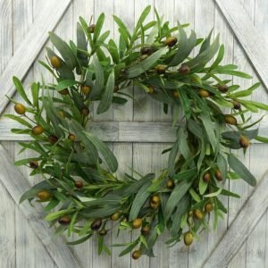 20 inches Artificial Green Olive Wreath Greenery Wreath with Olive Leaves, Bean for Front Door Indoor Outdoor Farmhouse Home Wall Window Festival Wedding Decor, White Gift Box Included
