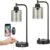 Industrial Desk Lamps for Office Set of 2 – Fully Dimmable Bedside Lamps with USB A C Ports and Outlet, Black Nightstand Lamps with Grey Glass Shade for Living Room, Table Lamps for Bedrooms Reading