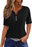 LRMQS Summer Tops for Women 2024 Trendy Vacation Short Sleeve Button V Neck T Shirt Boho Casual Fashion Spring Tee Clothes