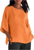 Womens Cotton Linen Summer Tops 3/4 Length Sleeve Tunic Blouses Gauze Boho Shirts Trendy Loose Fit Clothing 2024