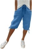 Linen Shorts for Women Summer Knee Length Elastic Waist Capri Pants Casual Gym Drawstring Bermuda Shorts with Pockets
