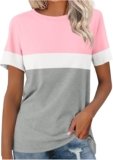 2025 Summer T Shirts for Women Casual Short Sleeve Tops Trendy Color Stitching Stripe Round Neck Pullover Tees