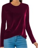 Velvet Tops for Women Long Sleeve Round Neck Shirt Blouse Pullove Solid Casual Tee Shirt Trendy Velvet Tops