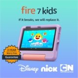 Amazon Fire 7 Kids tablet (newest model) ages 3-7. Top-selling 7″ kids tablet on Amazon. Includes ad-free and exclusive content, easy parental controls, 10-hr battery, 32 GB, Purple