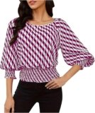 Womens Puff Sleeve Shirts Trendy 3/4 Sleeve Shirts Loose Fit Work Blouses Dressy Casual Elastic Waist Babydoll Tops