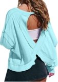 Sweatshirt for Women Trendy Fall Crewneck Long Sleeve Cutout Back Cross Hem Pullover Loose Casual Aesthetic Y2k Tops