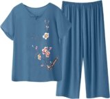 Womens Plus Size 2 Piece Outfits Floral Lounge Set Matching Summer Loose Fit Round Neck Tops and Wide Leg Pants Sets