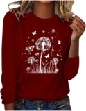 Generic Long Sleeve Shirts for Women Trendy Fall Crewneck Dandelion Print Basic Blouses Loose Fit Casual Cute Comfy Tee Tops