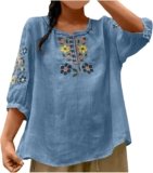 Cotton Linen Tops for Women Summer Casual 3/4 Sleeve T Shirts Lightweight Ethnic Style Embroidery Blouses Tees