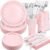 350PCS Pink Plates and Napkins Party Supplies,Pink Party Plates with Silver Polka Dot Serve 50 Guests,Pink Bridal Shower Plates with Silver Plastic Cutlery for Engagement Wedding Decorations