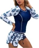 Women’s 2 Piece Rash Guard Swimsuit Set Floral Print Long Sleeve Swim Shirts with Shorts Bathing Suit Surf Swimwear