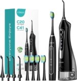 COSLUS Portable Water Flosser with Electric Toothbrush Combo: 2-in-1 Oral Clean Kit for Teeth, Braces, Gums Care – Brushing & Flossing for Adults, Family, Travel Use, BPA-Free, Black, C20 & C41