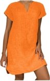 Womens Casual Summer Linen Dresses Plus Size V Neck Short Sleeve Side Split Mini Dress Loose Versatile Outdoor Dress
