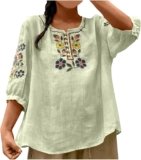 Cotton Linen Tops for Women Summer Casual 3/4 Sleeve T Shirts Lightweight Ethnic Style Embroidery Blouses Tees