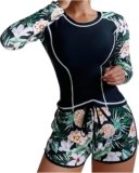 Women’s 2 Piece Rash Guard Swimsuit Set Floral Print Long Sleeve Swim Shirts with Shorts Bathing Suit Surf Swimwear