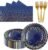 150PCS Paper Plates and Napkins Set – Dark Blue and Gold Dot Disposable Party Dinnerware Includes Paper Plates, Napkins, Forks Decorations for Birthdays, Graduations, Weddings and Holidays, Serves 50