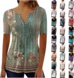 LRMQS Short Sleeve Summer Tops for Women 2024 Vacation Trendy Loose Fit Boho V Neck Tunic Blouse Casual Floral Shirt Clothing