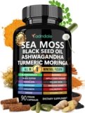 Sea Moss Black Seed Oil Ashwagandha Ginger Capsules. Sea Moss Capsules with Black Seed Oil, Ashwagandha, Turmeric, Moringa, Bladderwrack, Burdock Root, Manuka Honey, Cinnamon.